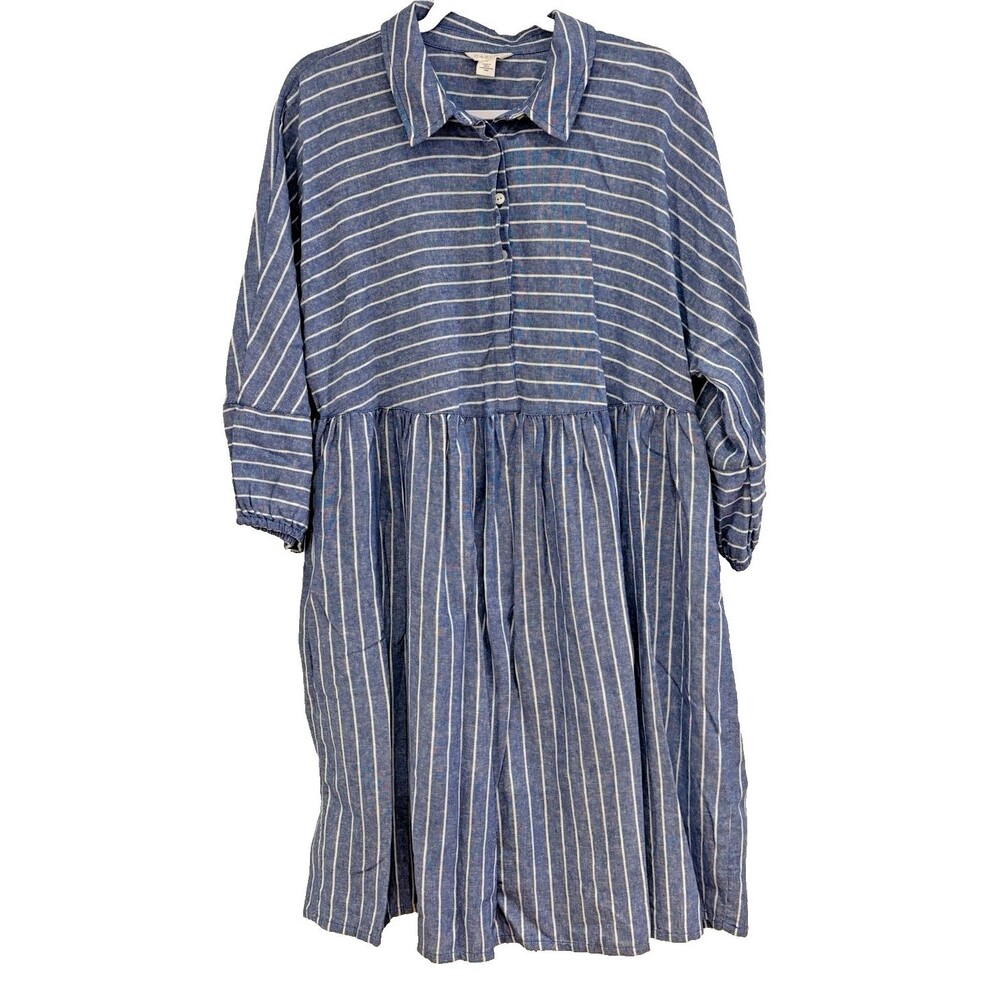 Caslon Shirt Dress Women's Large 3/4 Sleeve Blue Stripe Pockets Linen Blend NEW